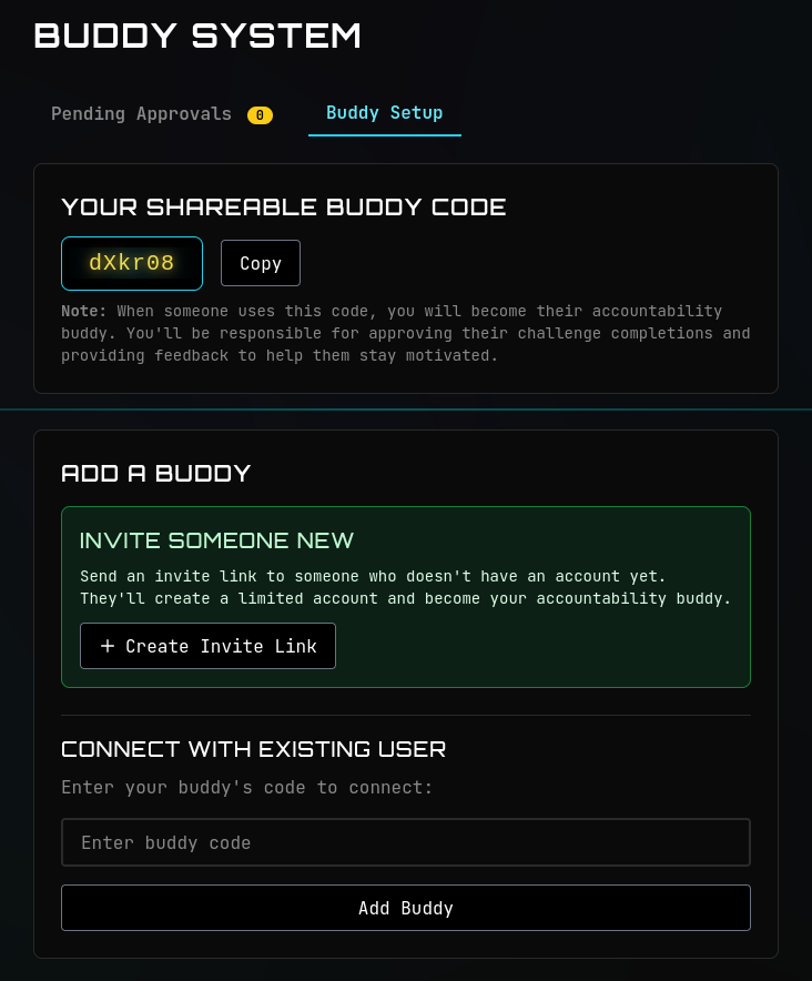 Buddy system interface showing how users can connect with accountability partners. Displays options for adding buddies via share codes or invite links, and shows the buddy approval workflow for submitted challenges.