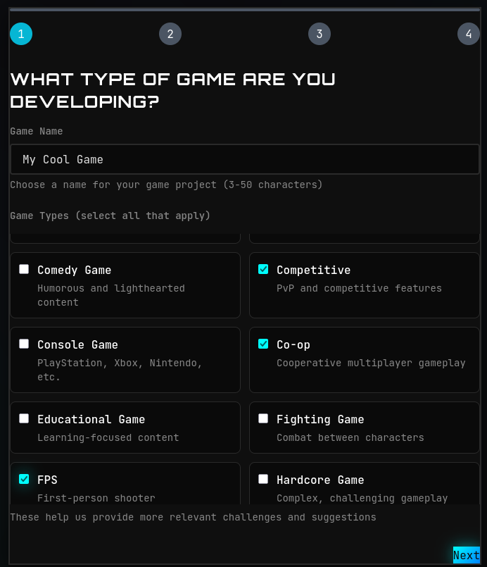 Step 1 of onboarding: A form where users can tag their game with categories like 2D/3D, game genres, and features. Shows input fields for game name and various checkboxes for game attributes.