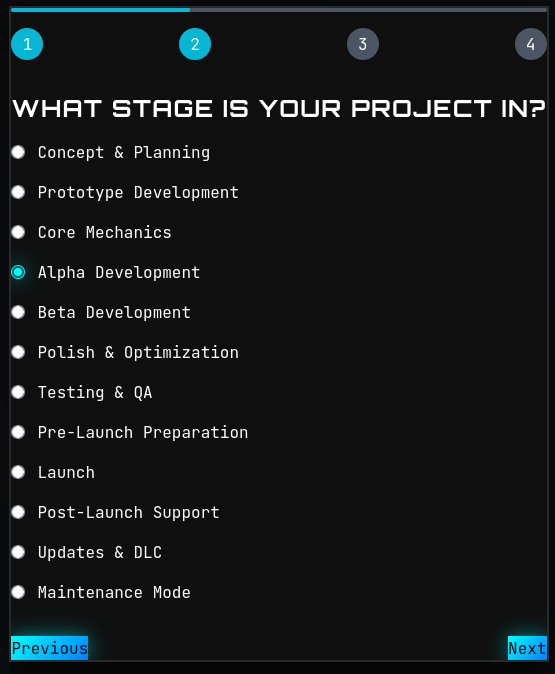 Step 2 of onboarding: A selection interface where users choose their current development stage from options like Concept and Planning, Prototyping, Beta Development, Launch, and Maintenance Mode.