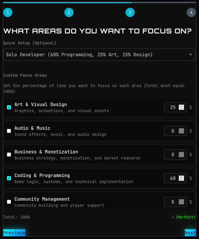 Step 3 of onboarding: A focus areas configuration screen where users can assign percentages to different development areas like Coding, Animation, Marketing, and Game Design. Shows sliders or percentage inputs for each focus area.