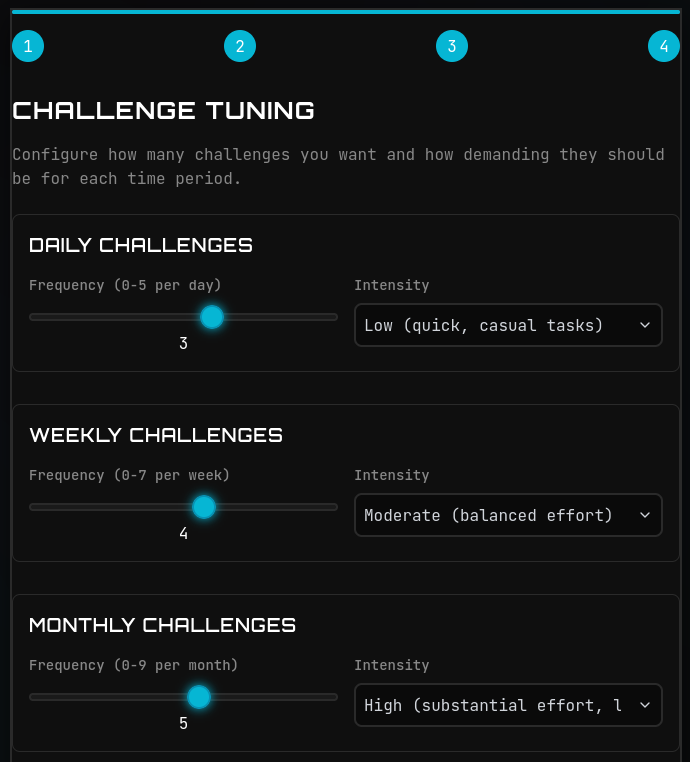 Step 4 of onboarding: A challenge flow tuning interface where users can set the number of daily (0-5), weekly (0-7), and monthly (0-9) challenges, plus choose difficulty levels (Low, Moderate, High) for their generated challenges.